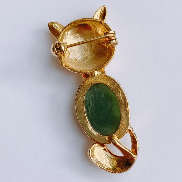 VTG 1960s Gemstone Cat Brooch Nephrite Jade Cabochon Mid Century Gold Tone Pin - Picture 8 of 10